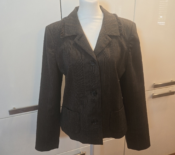 Harve Bernard Sport Wool Pin Striped Fringe Single Breasted Blazer Brown Size 10 - Picture 1 of 9